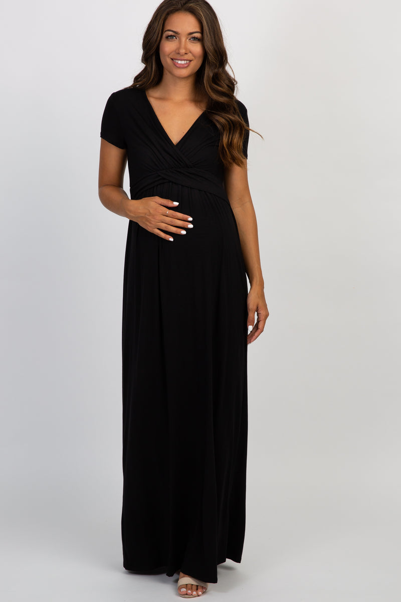 PinkBlush Black Draped Maternity/Nursing Maxi Dress