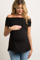 Black Off Shoulder Short Sleeve Maternity Top