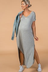 Grey Solid Short Sleeve Maternity Maxi Dress