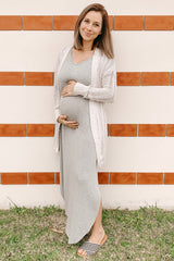 Grey Solid Short Sleeve Maternity Maxi Dress