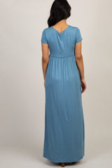 PinkBlush Blue Draped Maternity/Nursing Maxi Dress