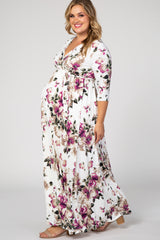 PinkBlush White Floral Plus Maternity/Nursing Wrap Maxi Dress