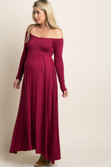 PinkBlush Petite Dark Burgundy Solid Off Shoulder Maternity Maxi Dress