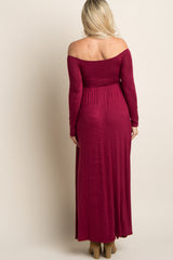 PinkBlush Petite Dark Burgundy Solid Off Shoulder Maternity Maxi Dress