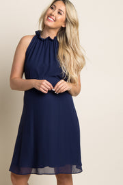 Navy Blue Chiffon High Neck Maternity Dress