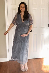 PinkBlush Blue Lace Mesh Overlay Maternity Maxi Dress