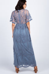 PinkBlush Blue Lace Mesh Overlay Maxi Dress