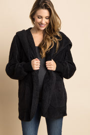 Black Fuzzy Hooded Long Sleeve Maternity Jacket