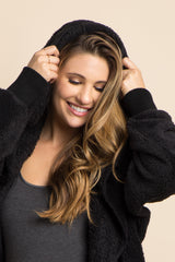 Black Fuzzy Hooded Long Sleeve Maternity Jacket