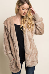 Taupe Fuzzy Hooded Long Sleeve Maternity Jacket