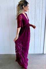 Burgundy Lace Mesh Overlay Maxi Dress