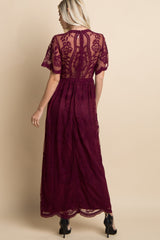 Burgundy Lace Mesh Overlay Maxi Dress