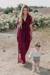 Burgundy Lace Mesh Overlay Maxi Dress