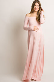 PinkBlush Pink Solid Off Shoulder Maternity Maxi Dress