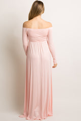 PinkBlush Pink Solid Off Shoulder Maternity Maxi Dress