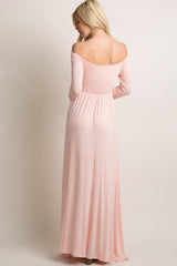 PinkBlush Pink Solid Off Shoulder Maxi Dress