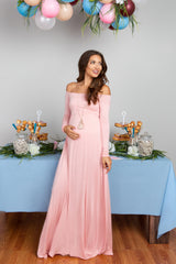 PinkBlush Pink Solid Off Shoulder Maternity Maxi Dress