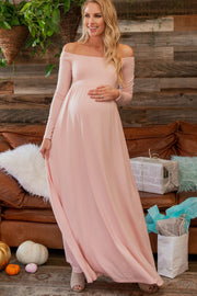 PinkBlush Petite Pink Solid Off Shoulder Maternity Maxi Dress