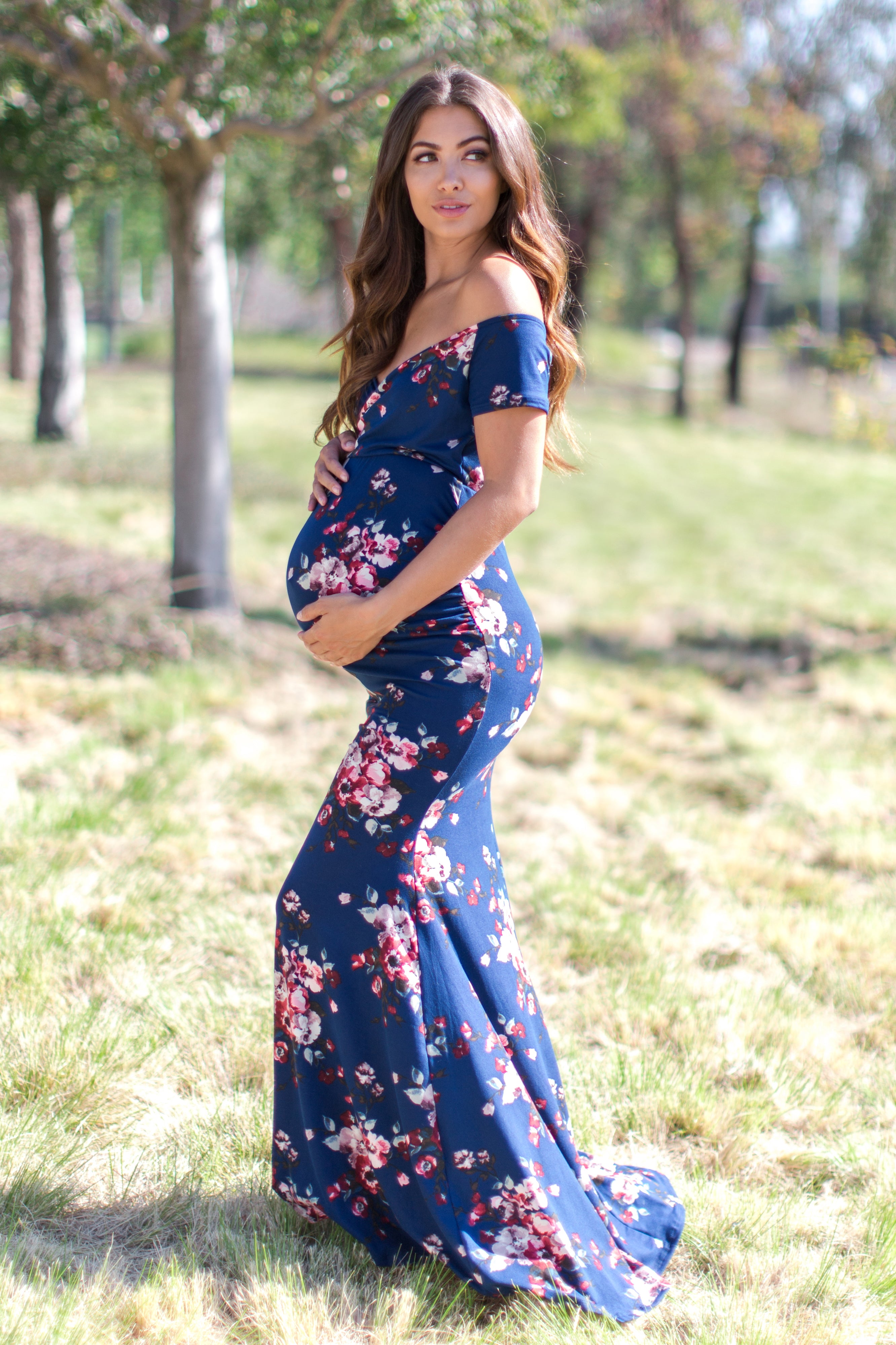 Navy Floral Off Shoulder Wrap Maternity Photoshoot Gown/Dress – PinkBlush