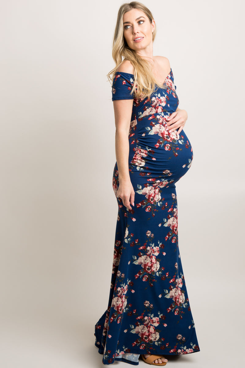 Navy Floral Off Shoulder Wrap Maternity Photoshoot Gown/Dress – PinkBlush