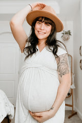 PinkBlush Beige Draped Maternity/Nursing Maxi Dress