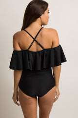 Black Ruffle Trim Ruched One-Piece Maternity Swimsuit