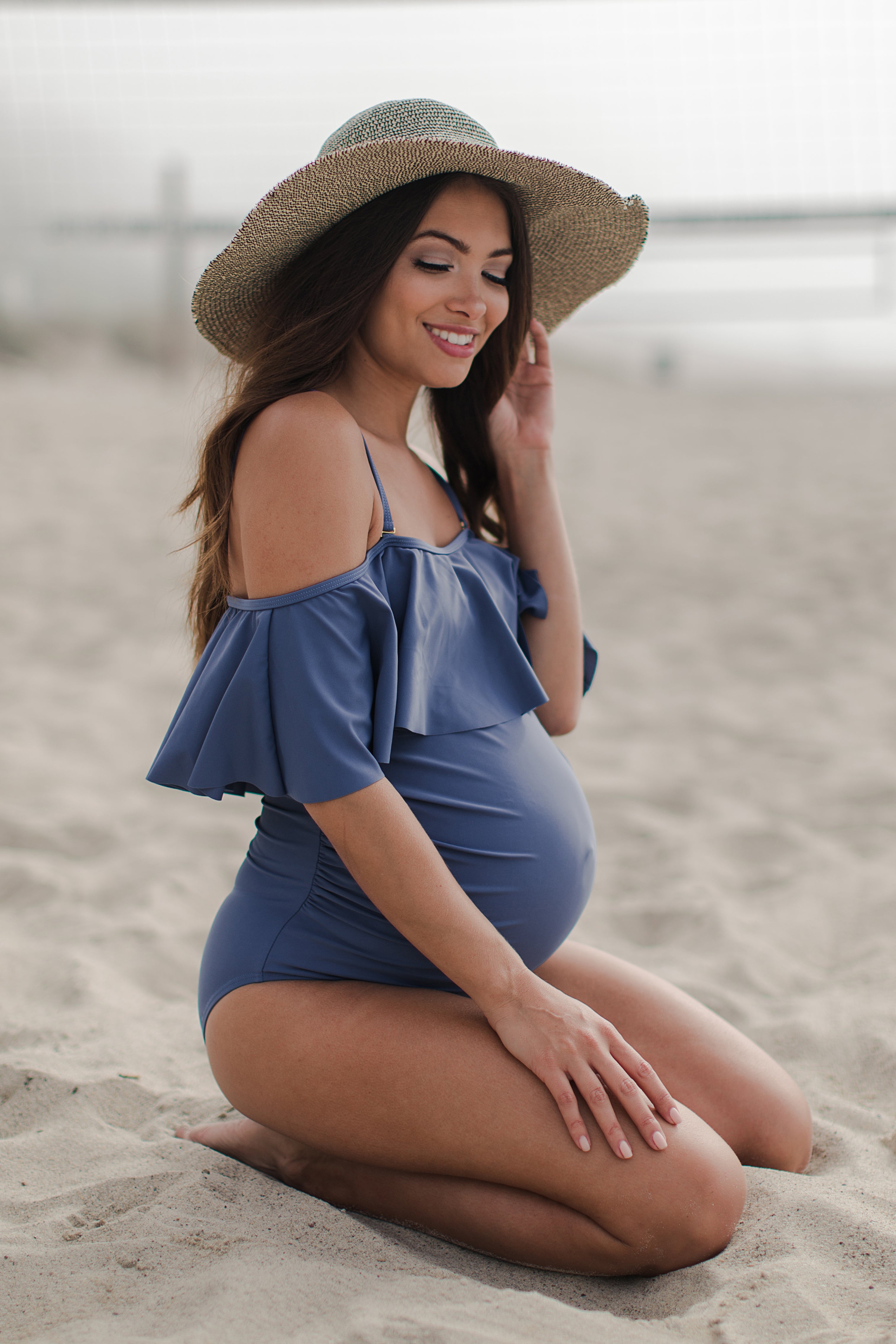 Blue Grey Ruffle Trim Ruched One Piece Maternity Swimsuit