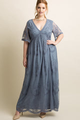 PinkBlush Blue Lace Mesh Overlay Plus Maxi Dress