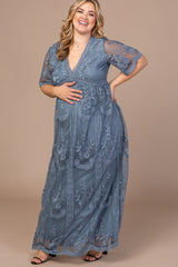 PinkBlush Blue Lace Mesh Overlay Plus Maternity Maxi Dress