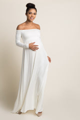 PinkBlush Petite Ivory Solid Off Shoulder Maternity Maxi Dress