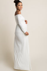 PinkBlush Petite Ivory Solid Off Shoulder Maternity Maxi Dress