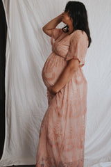 Light Pink Lace Mesh Overlay Maternity Maxi Dress