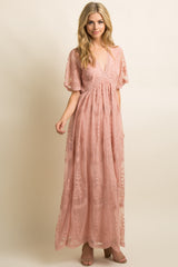 Light Pink Lace Mesh Overlay Maternity Maxi Dress