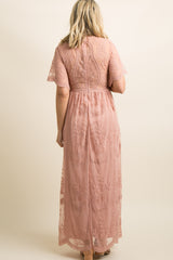 Light Pink Lace Mesh Overlay Maternity Maxi Dress