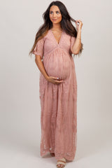 Light Pink Lace Mesh Overlay Maternity Maxi Dress