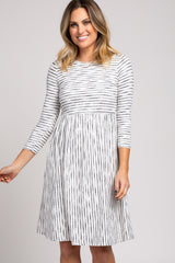 Ivory Ribbed Striped Pleated Midi Dress