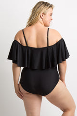 PinkBlush Black Ruffle Trim Ruched One-Piece Maternity Plus Swimsuit