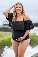 PinkBlush Black Ruffle Trim Ruched One-Piece Maternity Plus Swimsuit