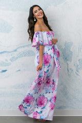 PinkBlush Ivory Floral Ruffle Sash Tie Maternity Maxi Dress