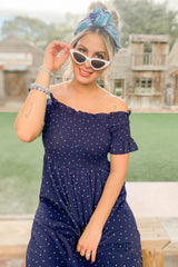 Navy Polka Dot Smocked Dress