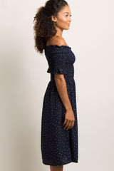 Navy Polka Dot Smocked Dress