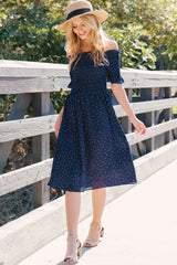 Navy Polka Dot Smocked Dress