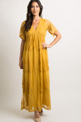 PinkBlush Mustard Lace Mesh Overlay Maxi Dress