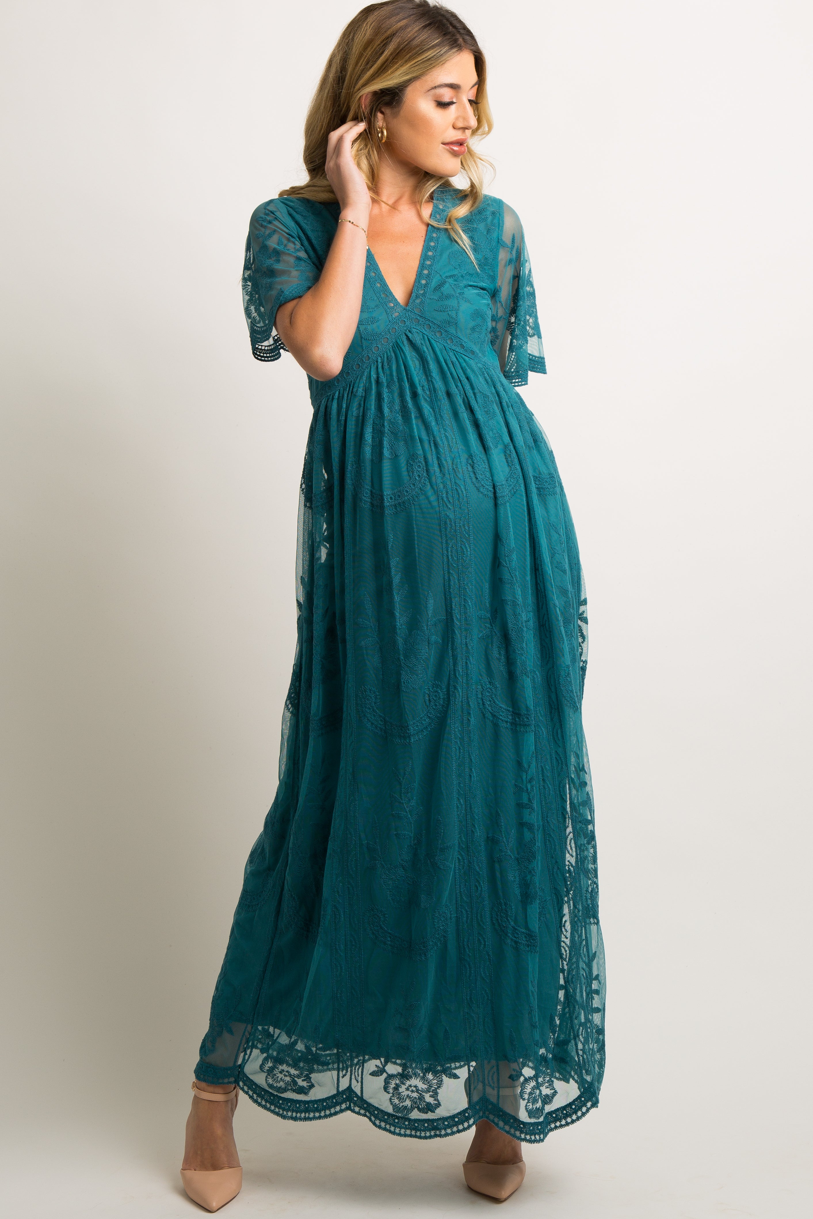 Teal color fashion maxi dress