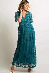 PinkBlush Teal Lace Mesh Overlay Maternity Maxi Dress