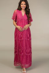 PinkBlush Magenta Lace Mesh Overlay Maternity Maxi Dress