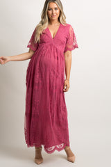 PinkBlush Magenta Lace Mesh Overlay Maternity Maxi Dress