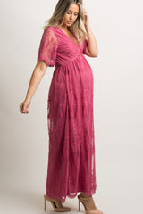 PinkBlush Magenta Lace Mesh Overlay Maternity Maxi Dress