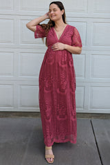 PinkBlush Magenta Lace Mesh Overlay Maternity Maxi Dress