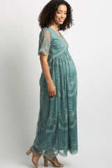 Sage Lace Mesh Overlay Maternity Maxi Dress